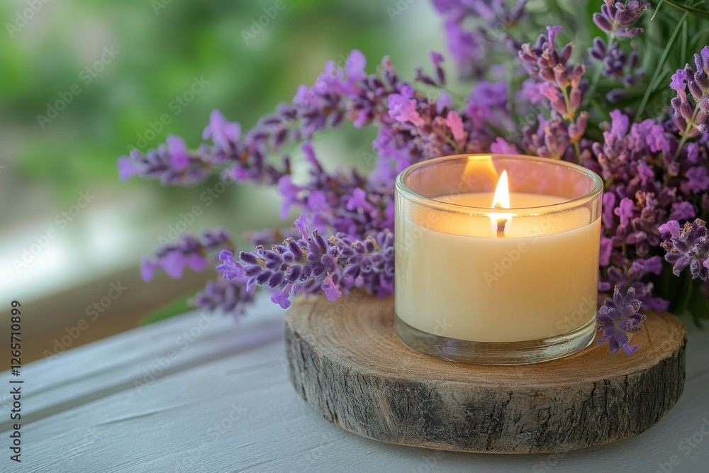 Poster fragrant lavender flowers and a glowing candle create a calming atmosphere in a serene space