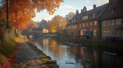Fototapeta premium Autumn canal scene with historic buildings and pathway