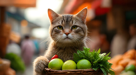 A cat stands holding a basket full of ingredients in a market with colourful stalls under the warm sunlight in a cheerful atmosphere.