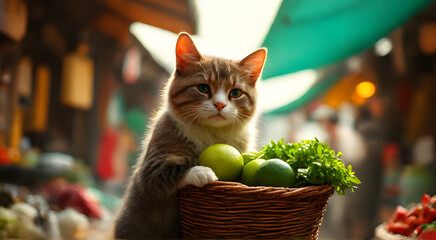 A cat stands holding a basket full of ingredients in a market with colourful stalls under the warm sunlight in a cheerful atmosphere.