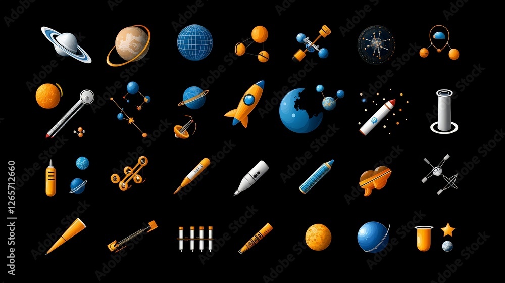 Poster vibrant vector illustration of science and space objects set