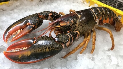 Fresh live lobster on crushed ice &ndash; a detailed seafood product with a textured shell and claws.
