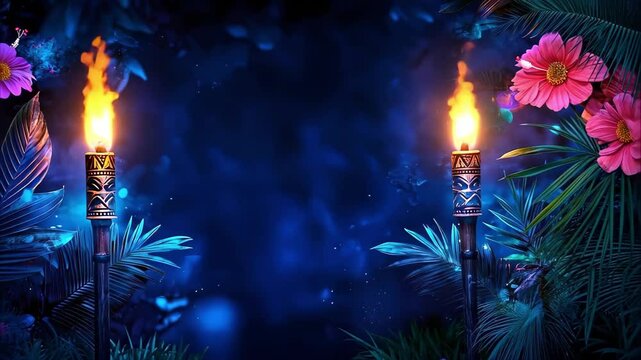 Two lit tiki torches surrounded by tropical plants and vibrant flowers, set against a blue, dreamy background.