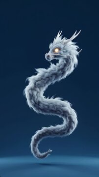 Ethereal spirit dragon made from swirling white smoke against a blue background, a symbol of power and mythology