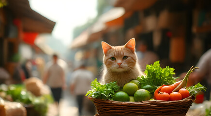 A cat stands holding a basket full of ingredients in a market with colourful stalls under the warm sunlight in a cheerful atmosphere.