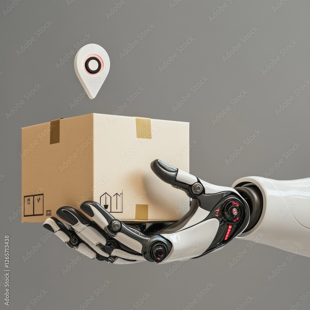 Poster a robotic hand holds a cardboard box with a pin attached, suitable for illustrations about technolog