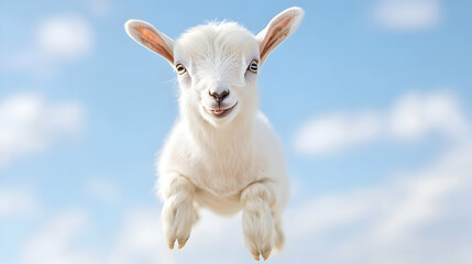 Playful Kid Goat Leaps, Blue Sky, Clouds, Farm Animal