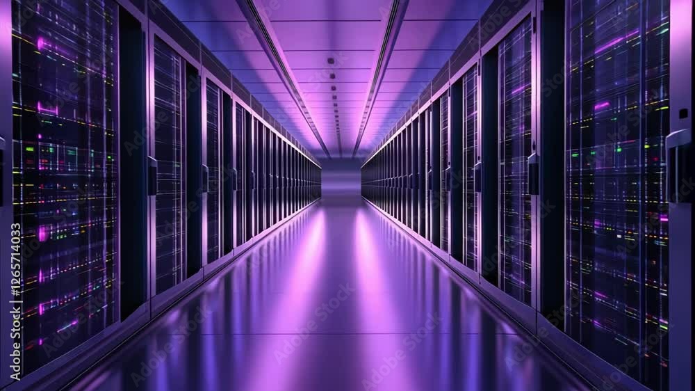 Poster a futuristic server room with rows of servers illuminated by purple lights, creating a tech-inspired