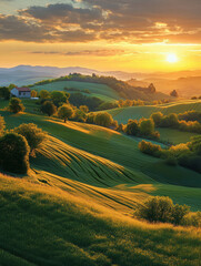 Obraz premium picturesque sunrise over rolling hills with vibrant green fields and trees, creating serene and tranquil landscape. warm light enhances natural beauty of scene