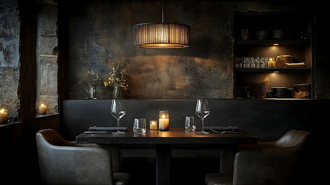 Romantic restaurant dinner, intimate setting, candlelit table, stone wall background, perfect for date night