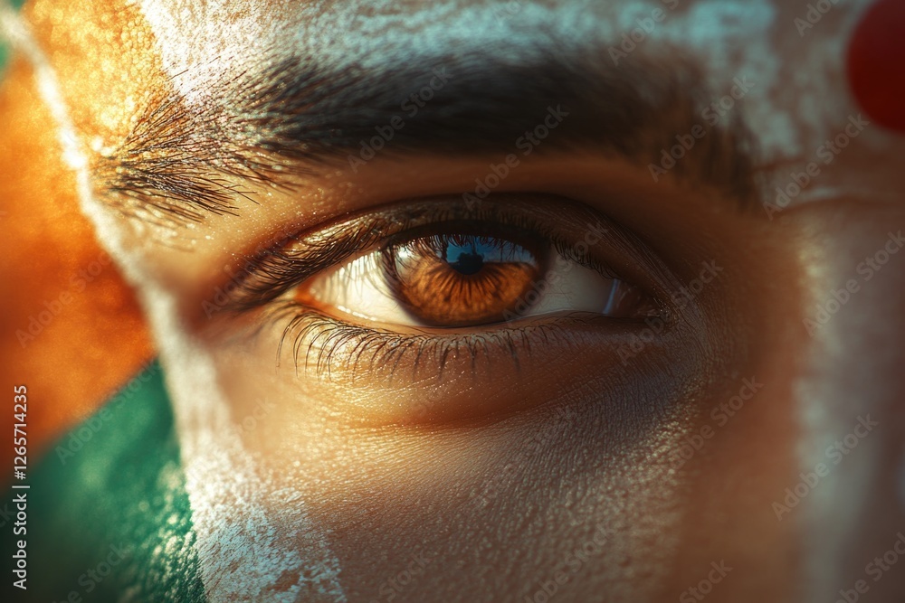 Poster a close-up shot of an eye with white paint applied, ideal for creative projects or artistic expressi