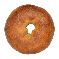 Plain bagel isolated on white background. Freshly baked round bread with a golden-brown crust. Classic breakfast pastry.