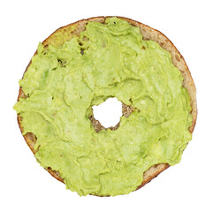 Sliced bagel with guacamole isolated on white background. Fresh and healthy breakfast or snack...