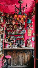 Fototapeta premium Eclectic bar interior, vibrant pink walls, antique decor, eclectic collection of items, vintage chandelier, for travel blogs or restaurant websites