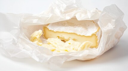 A piece of cheese wrapped in white paper, perfect for packing a snack or gift