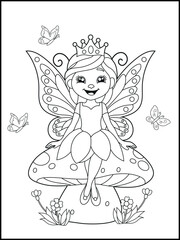 Black and white fairy coloring pages for kids. Children's coloring books with cute cartoon fairy characters, fun and educational materials for kindergarten.
