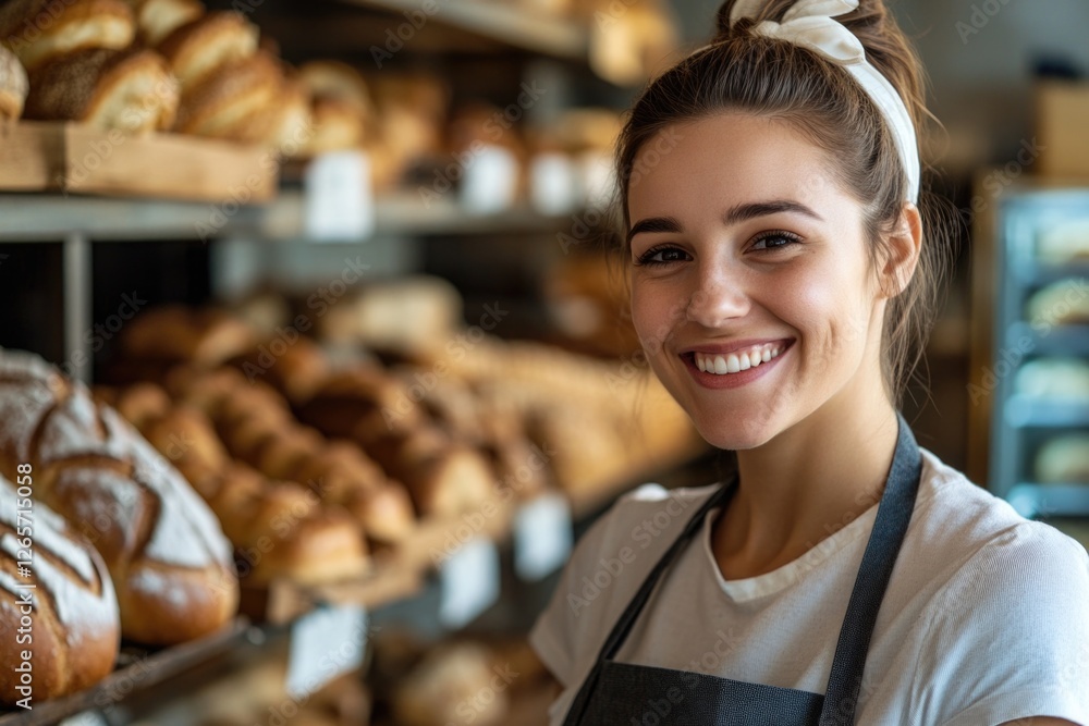 Poster a woman stands in front of a shelf filled with various types of bread, possibly at a bakery or store