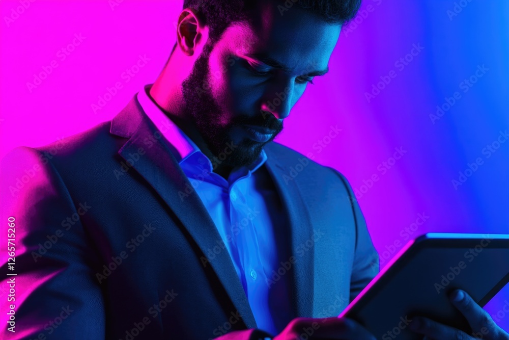 Poster a businessman uses a tablet computer in a formal setting