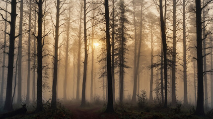 Dreamy Misty Forest at Sunrise