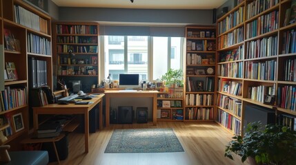 Fototapeta premium Room features a large collection of books and a workspace