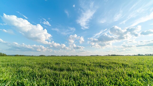Wide shot of a grassy field under a partly cloudy sky.  Possible use Nature background, landscape photography