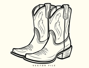 Vintage Cowboy Boot Line Art Illustration