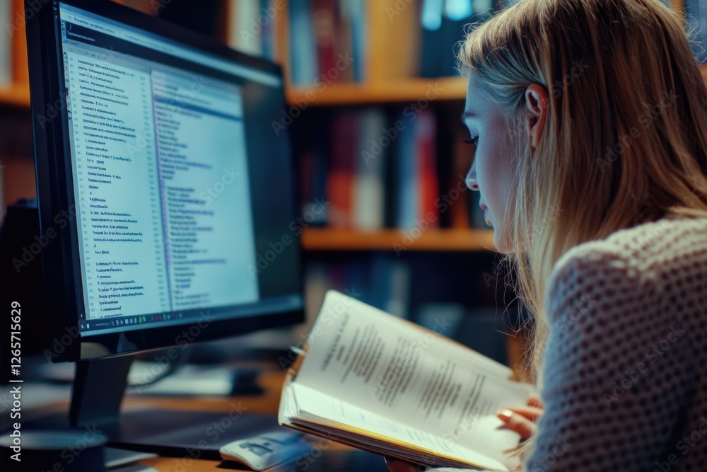 Poster A person reading a book while sitting in front of a computer monitor