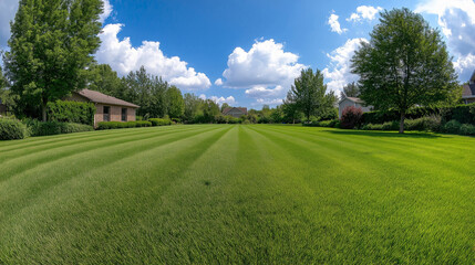 Fototapeta premium Fisheye perspective capturing mowed lawn with vibrant stripes glistening under summer sunlight