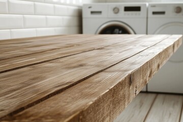 Laundry room with a washing machine and wooden table