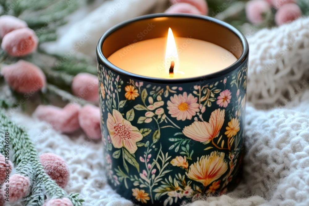 Poster decorative scented candle with floral design surrounded by soft fabric and greenery in a cozy settin