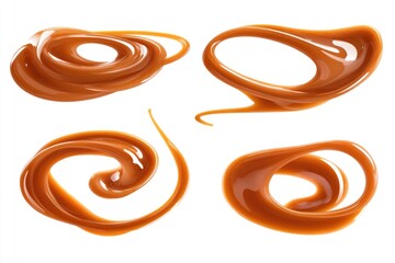 A group of caramel sauce swirls on a white surface, perfect for food or dessert images
