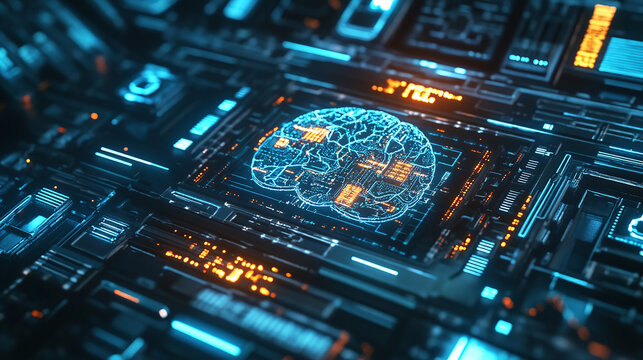 Futuristic neural network ai technology concept with digital circuitry and brain visualization. 
