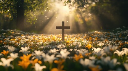 religious holiday greeting, a peaceful postcard design featuring a wooden cross amid lilies, bathed in gentle sunlight, with space for a personal good friday message