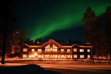 Aurora Borealis over a lighted cabin in Lapland, Finland. Travel or winter holiday