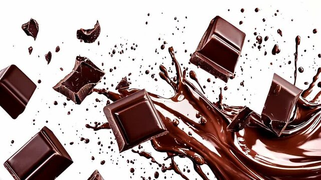 Slow motion video of chunks of tasty dark or milk chocolate falling as a jet of thick liquid chocolate splashes onto a white background