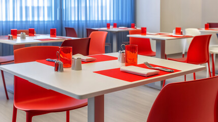 Arranged dining tables with red chairs, napkins, and glasses in a modern, brightly lit dining room.