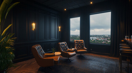Fototapeta premium Elegant, dark lounge with tufted leather chairs, offering a cityscape view through large windows and ambient lighting.