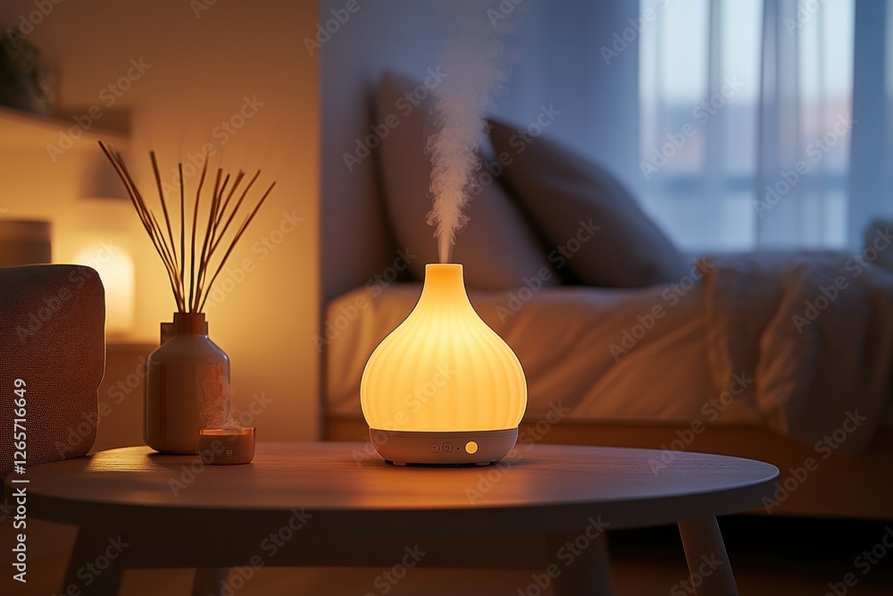 Poster Relaxing evening in a cozy room with an aromatic diffuser creating a soothing ambiance