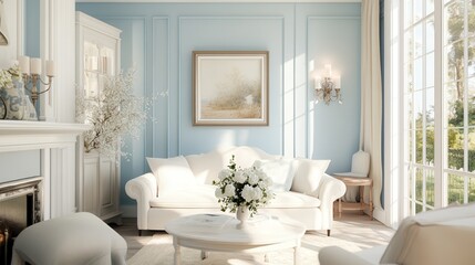 Bright and airy living room features classic elegant style