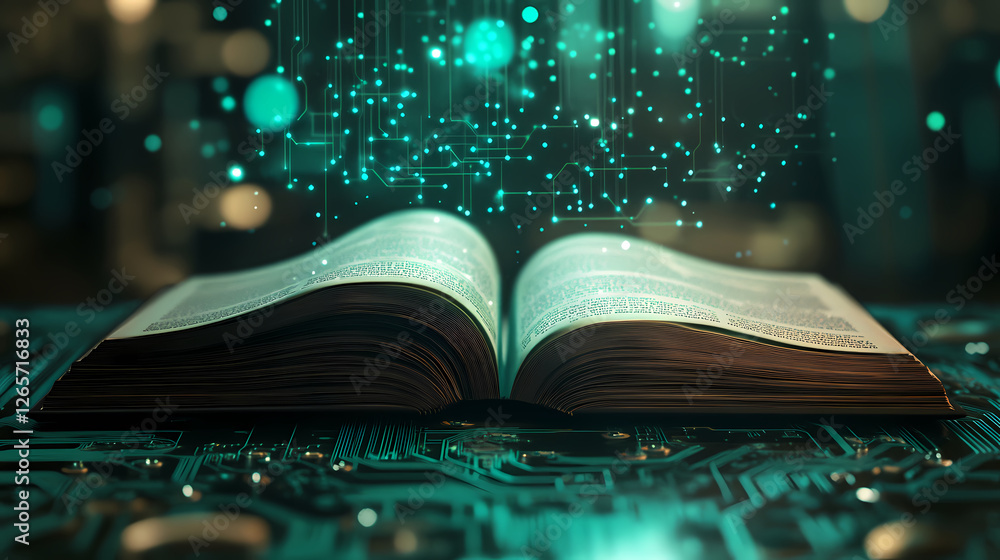 Poster mystical sci-fi scene: book on circuit board with glowing data streams