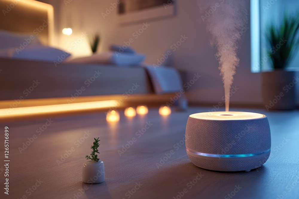 Poster relaxing evening with an aroma diffuser and a small plant in a cozy bedroom setting