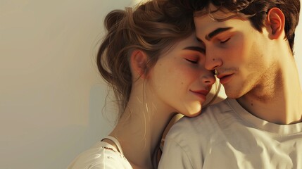 A couple leaning in for an affectionate embrace, their expressions soft and content. The minimal white background isolates the loving moment with clarity and elegance.