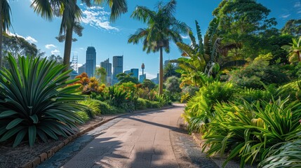 Fototapeta premium Sydney's Royal Botanic Garden: A Tropical Oasis with City Skyline