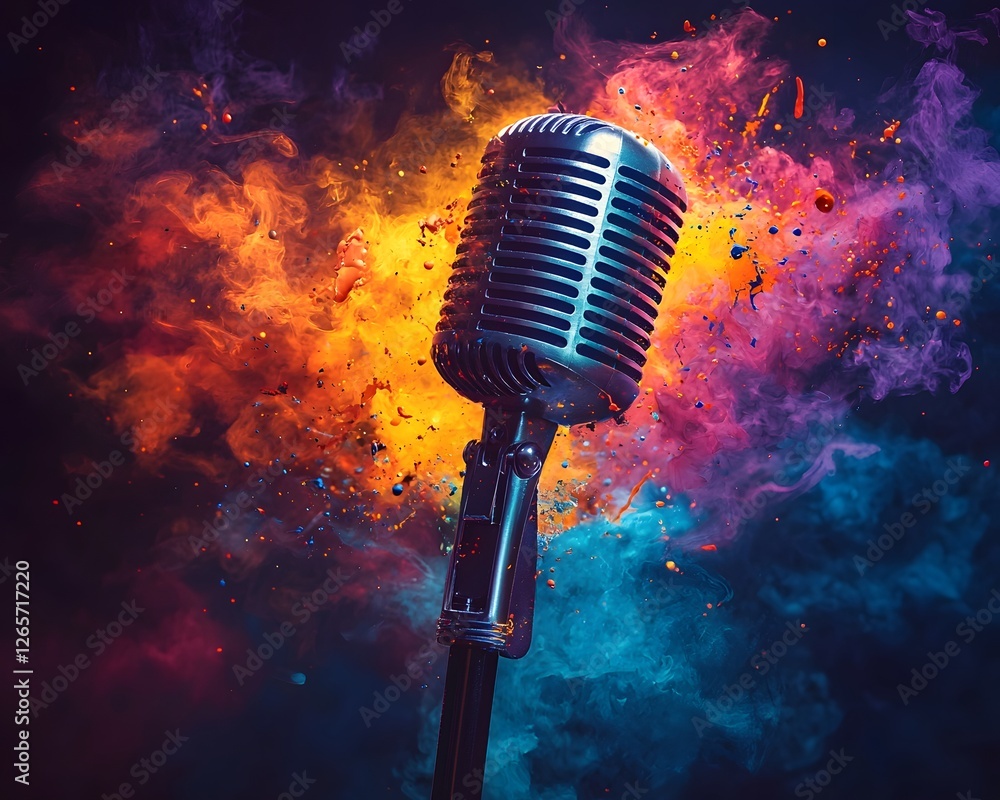Poster futuristic microphone with vibrant splashes of paint and glowing sound waves merging music and art f