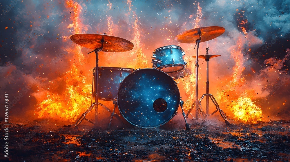 Poster surreal drum set erupting into vibrant abstract splashes of color and light