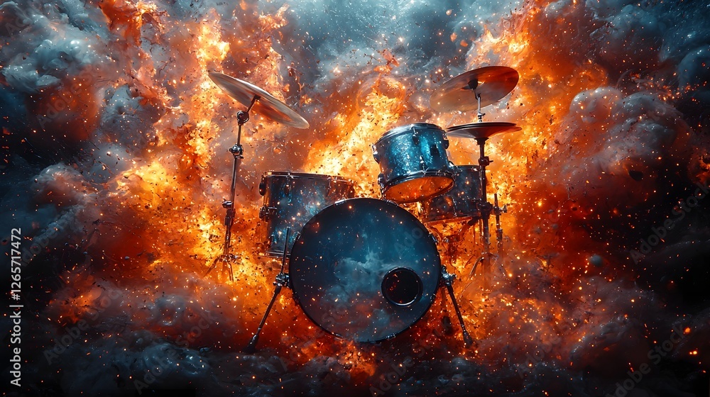 Poster surreal drum set erupting into vibrant abstract splashes of color and shapes