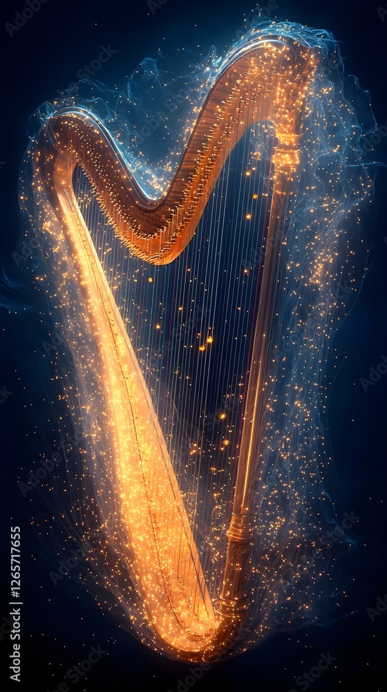Poster ethereal harp of harmony glowing musical instrument with elegantly painted strings and floating note