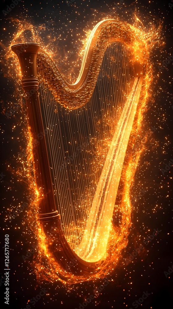 Poster ethereal harp with glowing strings transforming into flowing paint strokes