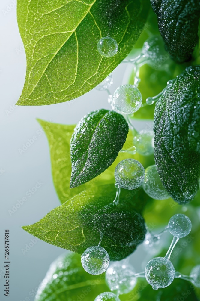 Poster a detailed view of a plant covered in tiny water droplets, perfect for use in illustrations or desig