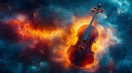 Fototapeta premium Glowing Cello Enveloped in Swirling Watercolor Light and Paint Trails Symbolizing Musical Art